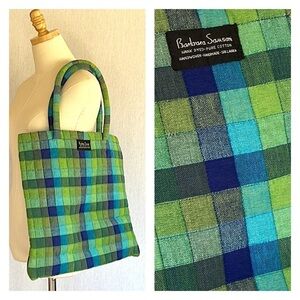 Barbara Samsoni Pure Cotton handmade blue green checkered tote shopping bag